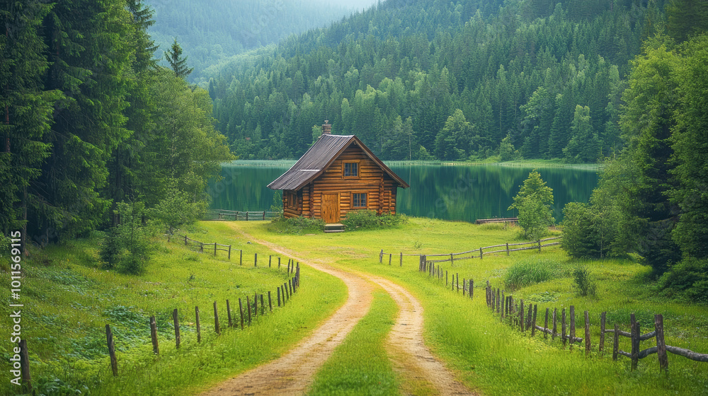 A serene wooden cabin beside a tranquil lake surrounded by lush green forests and rolling hills at dawn A serene wooden cabin beside a tranquil lake surrounded by lush green forests and rolling hills at dawn