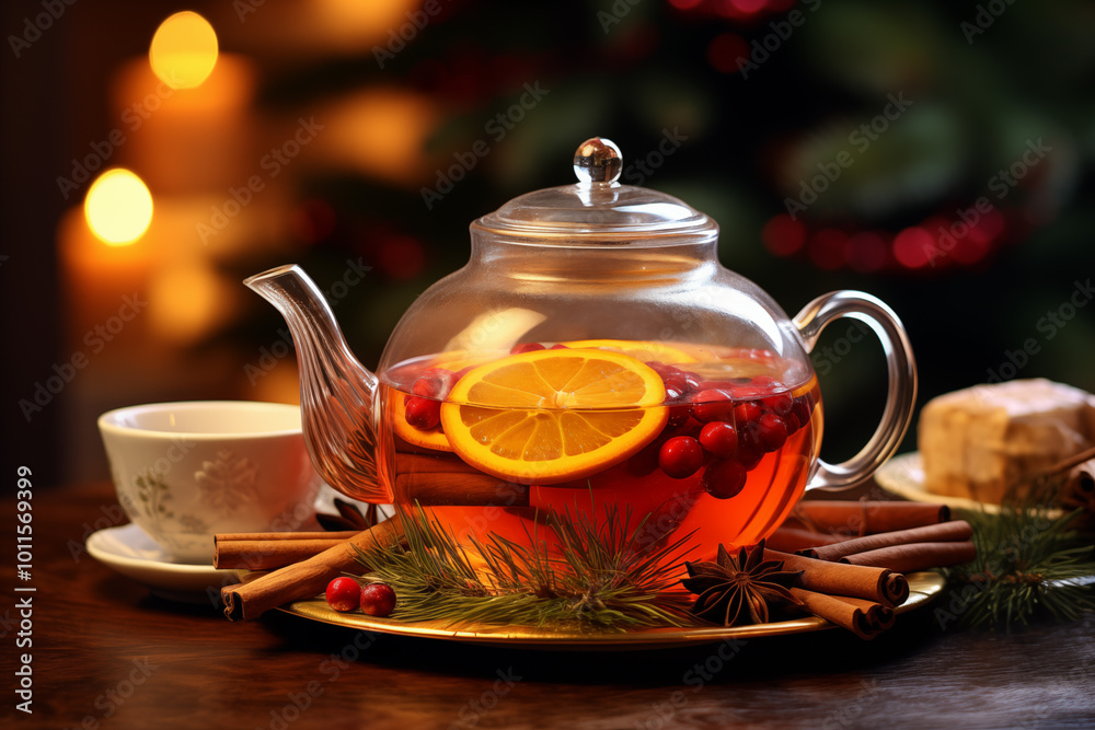 Glass Teapot with Festive Mulled Drink, Orange Slices, Cranberries, and Cinnamon Sticks for Christmas