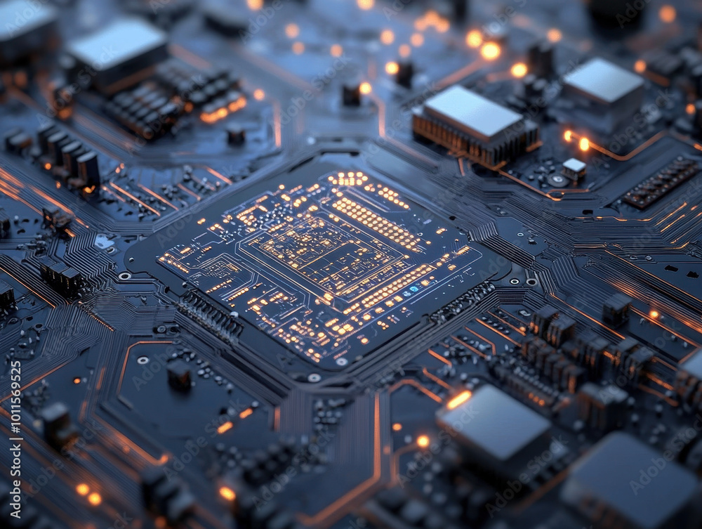 A striking brain sculpture glows with red lines, positioned on a busy circuit board A striking brain sculpture glows with red lines, positioned on a busy circuit board