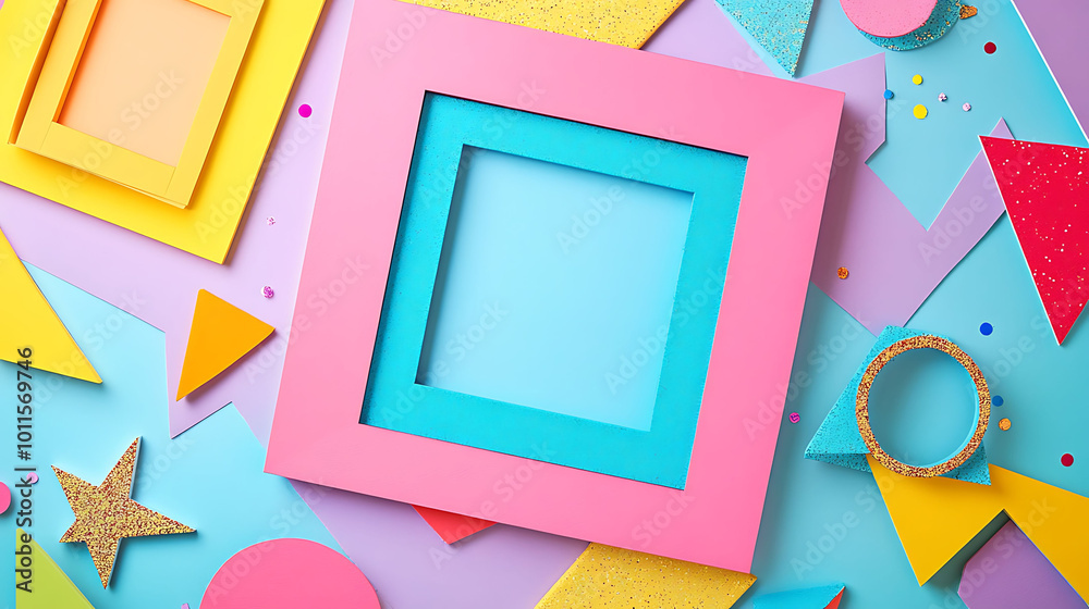 Colorful geometric shapes and frames on a blue background, with copy space in the center. Colorful geometric shapes and frames on a blue background, with copy space in the center.