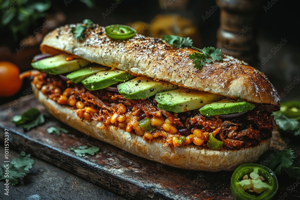 Pulled Pork Sandwich with Avocado, Beans, and Jalapenos