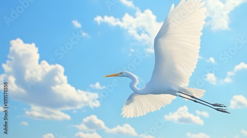 Great Egret Bird Flying in Nature Under Blue Sky, Photo Realistic, Pattern Background, Wallpaper, Cover and Screen for Smartphone, PC, Laptop, 9:16 and 16:9 Format