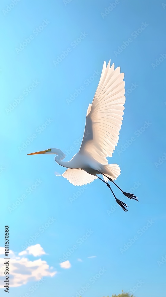 Obraz premium Great Egret Bird Flying in Nature Under Blue Sky, Photo Realistic, Pattern Background, Wallpaper, Cover and Screen for Smartphone, PC, Laptop, 9:16 and 16:9 Format