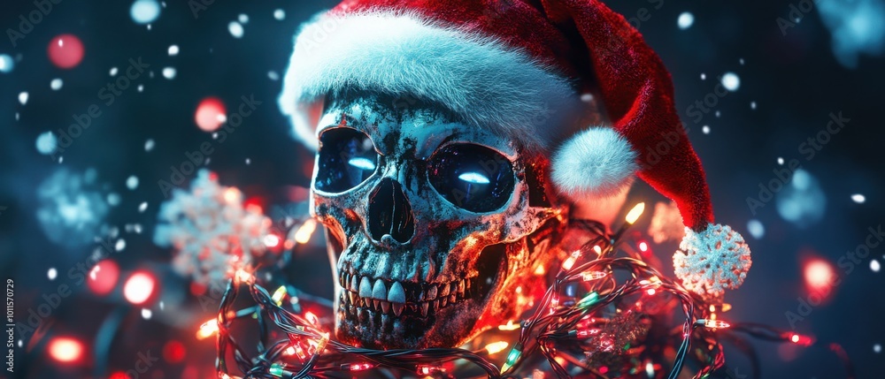 Create a skull wearing a Santa hat, with snowflakes and Christmas lights wrapped around it