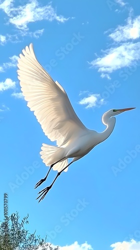 Great Egret Bird Flying in Nature Under Blue Sky, Photo Realistic, Pattern Background, Wallpaper, Cover and Screen for Smartphone, PC, Laptop, 9:16 and 16:9 Format