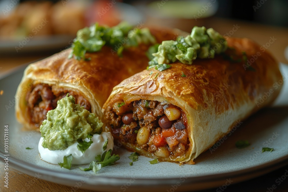 Two Savory Puff Pastry Burritos with Guacamole and Sour Cream Two Savory Puff Pastry Burritos with Guacamole and Sour Cream