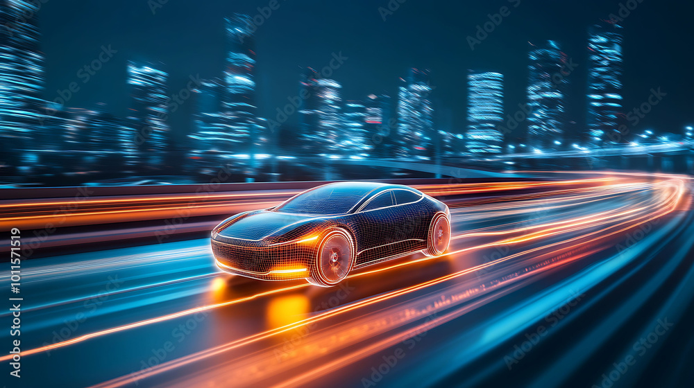 A futuristic electric car driving through a city at night. The car is sleek and modern, with glowing headlights and taillights. The city lights are blurred i