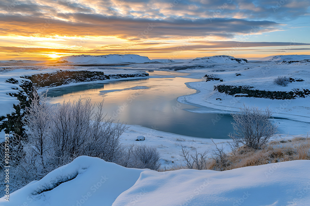 Serene Winter Landscape with Frozen River and Majestic Sunrise Over Snow-Capped Mountains Serene Winter Landscape with Frozen River and Majestic Sunrise Over Snow-Capped Mountains