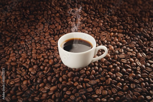 White coffee cup on layer of beans, steam rising, cozy, warm backdrop