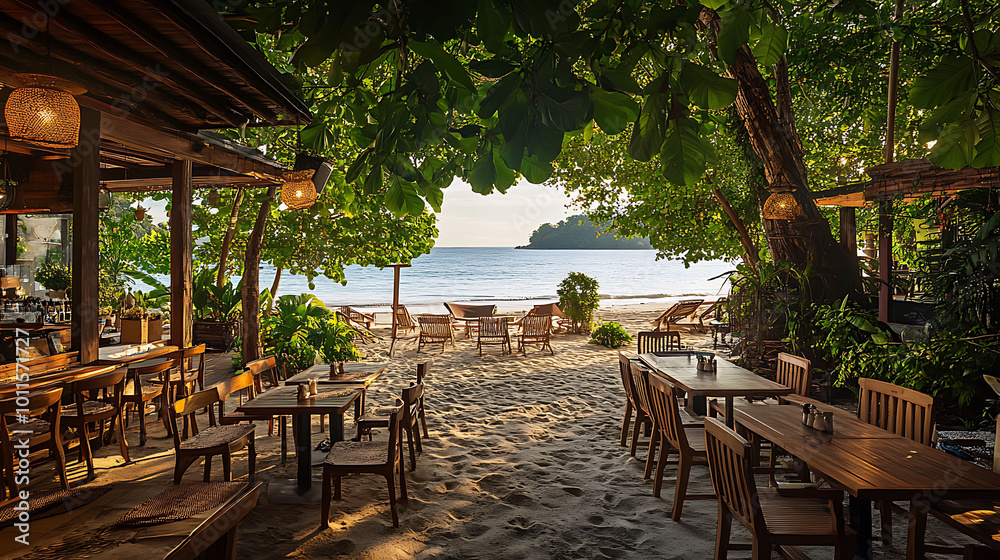 A wooden patio with tables and chairs leads out to a white sand beach with lounge chairs and turquoise ocean water beyond. A wooden patio with tables and chairs leads out to a white sand beach with lounge chairs and turquoise ocean water beyond.