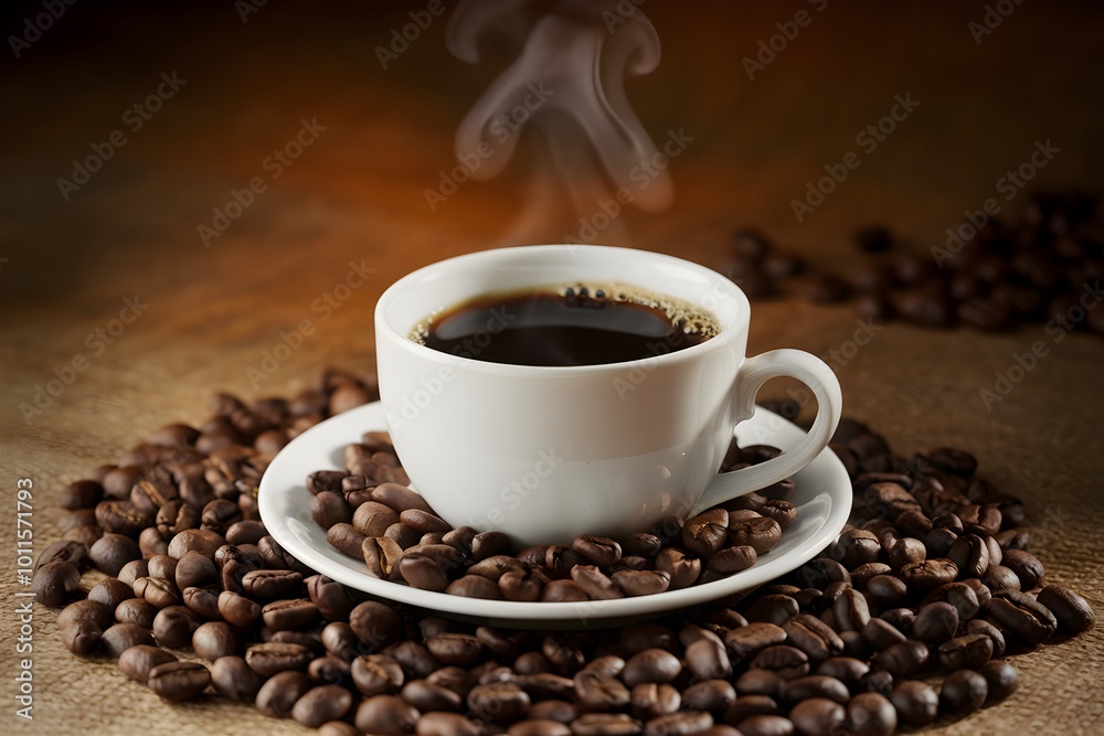 White coffee cup with beans, brown surface, inviting aroma and warmth White coffee cup with beans, brown surface, inviting aroma and warmth