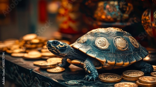Turtle adorned with feng shui coins in a vibrant traditional Asian market, embodying wealth and commerce, richly detailed scene