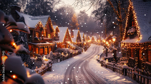 snowy street with houses decorated with garlands in the evening on Christmas 