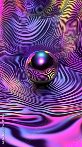 Colorful Abstract Swirls With a Reflective Sphere at the Center in a Vibrant Digital Design