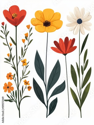 Colorful Floral Illustration Showcasing Various Wildflowers Against a White Background