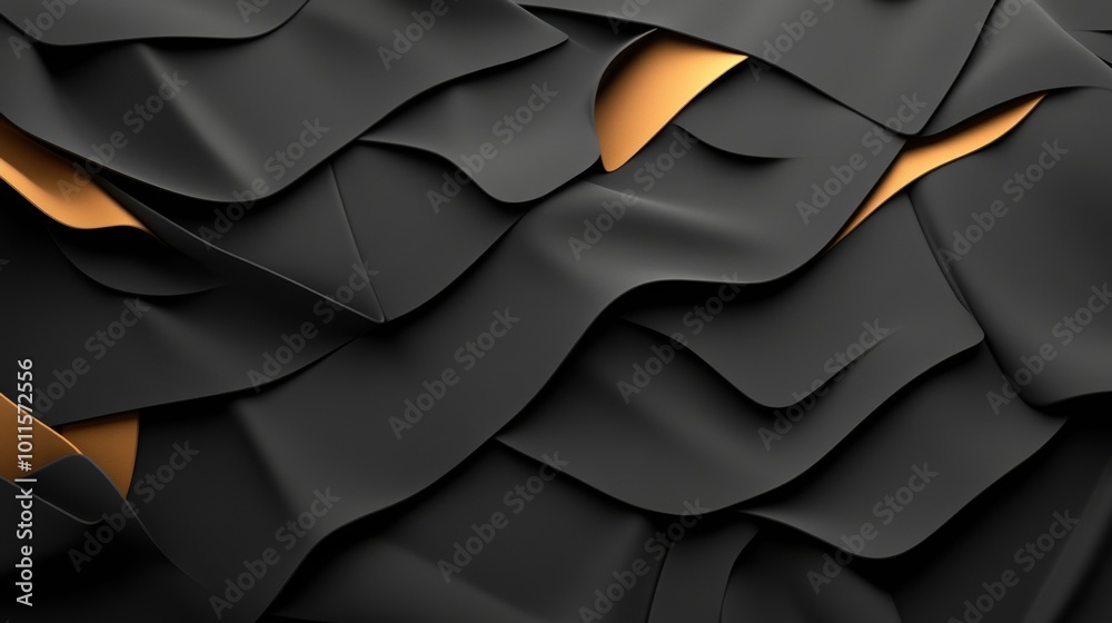 Obraz premium Abstract layers of black and gold textures with smooth curves and depth.