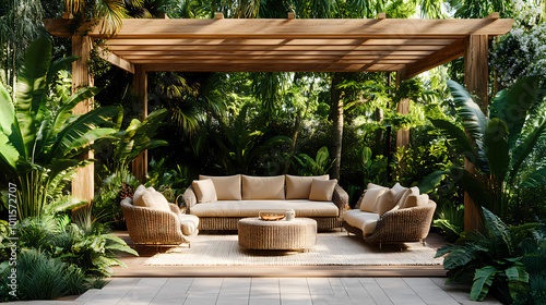 Tropical Tranquility: Luxury Patio with Wooden Pergola and Modern Rattan Furniture