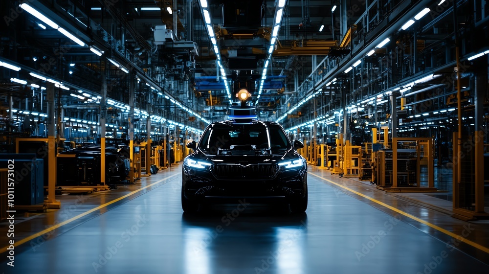 A sleek car showcased in a modern manufacturing facility illuminated by bright industrial lights. A sleek car showcased in a modern manufacturing facility illuminated by bright industrial lights.
