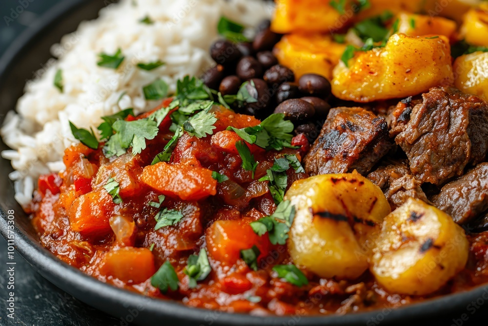 Close-up of a Plate of Beef Stew with Rice, Plantains, and Black Beans Close-up of a Plate of Beef Stew with Rice, Plantains, and Black Beans