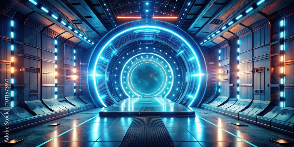 A futuristic corridor with a glowing blue ring portal, leading to an unknown destination. The sleek, metallic walls are lined with glowing panels, creating an otherworldly atmosphere. A futuristic corridor with a glowing blue ring portal, leading to an unknown destination. The sleek, metallic walls are lined with glowing panels, creating an otherworldly atmosphere.