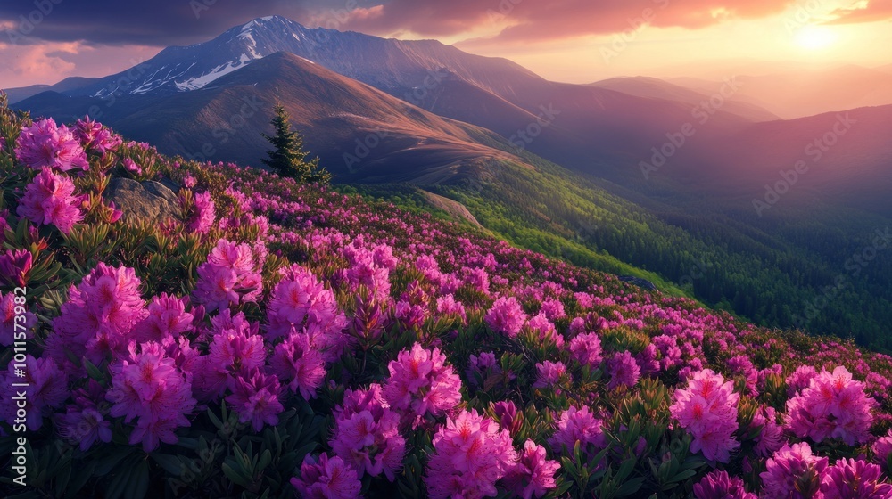 Mountain Sunrise with Blooming Flowers Mountain Sunrise with Blooming Flowers