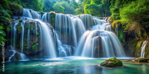 A cascading waterfall flows through a lush green forest, creating a serene and tranquil atmosphere. The water flows over moss-covered rocks and creates a beautiful pool of clear blue water.