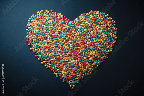 asymmetrical multicolored heart made of tiny hearts floating in dark background