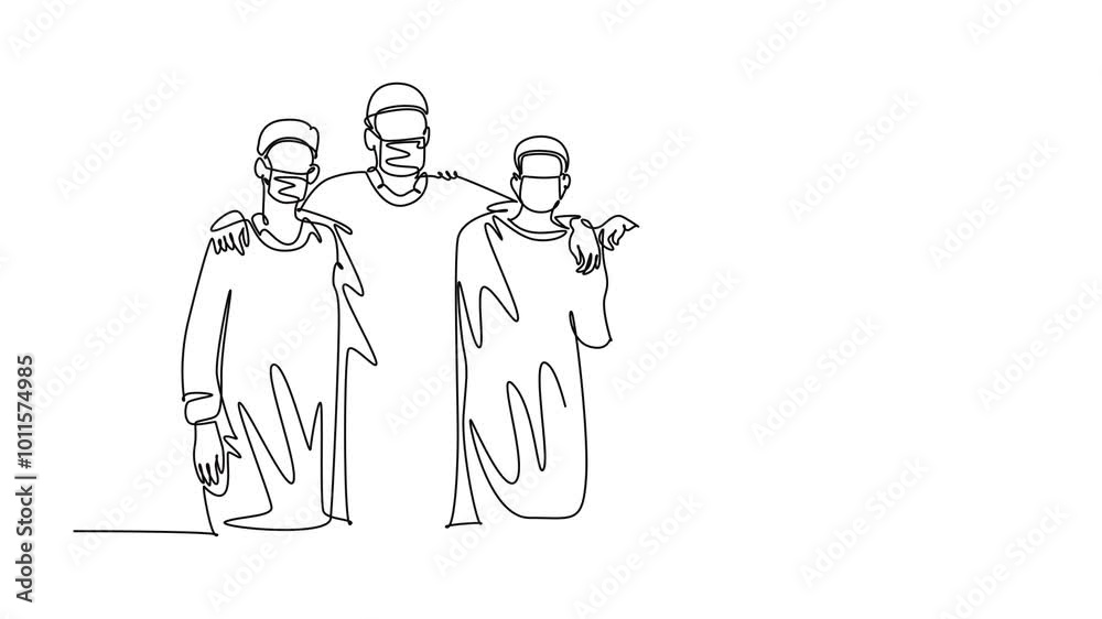 Animated self drawing of continuous line draw group of surgeon doctors standing and hugging after doing operating surgery at hospital. Medical care treatment concept. Full length one line animation
