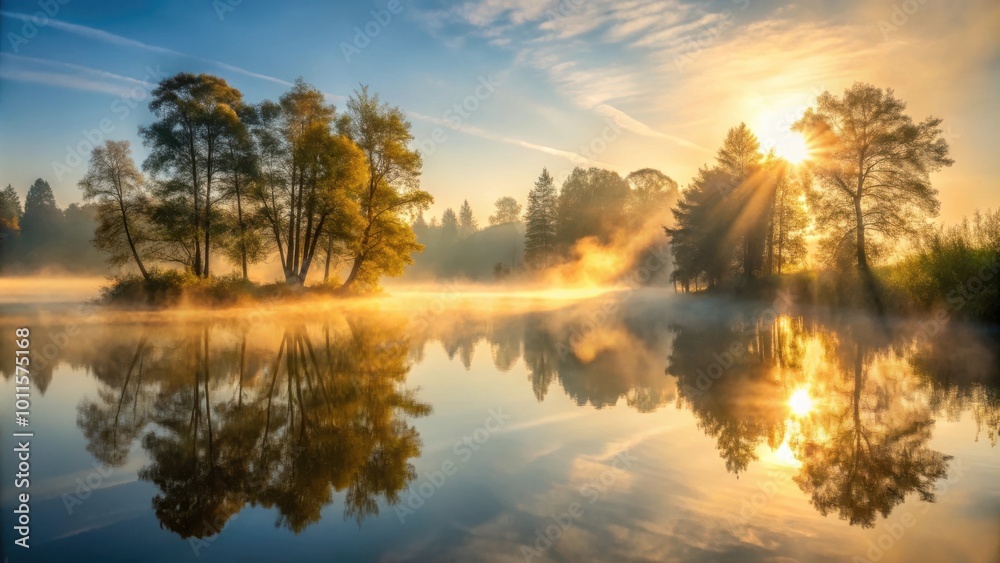Golden rays of sunrise illuminate a tranquil misty lake, casting ethereal reflections of trees on the water's surface. Golden rays of sunrise illuminate a tranquil misty lake, casting ethereal reflections of trees on the water's surface.