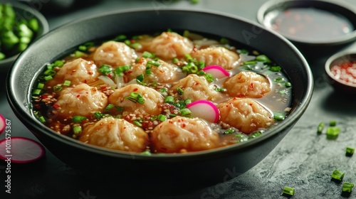 A bowl of steaming wonton soup with a side of soy sauce and chili flakes.