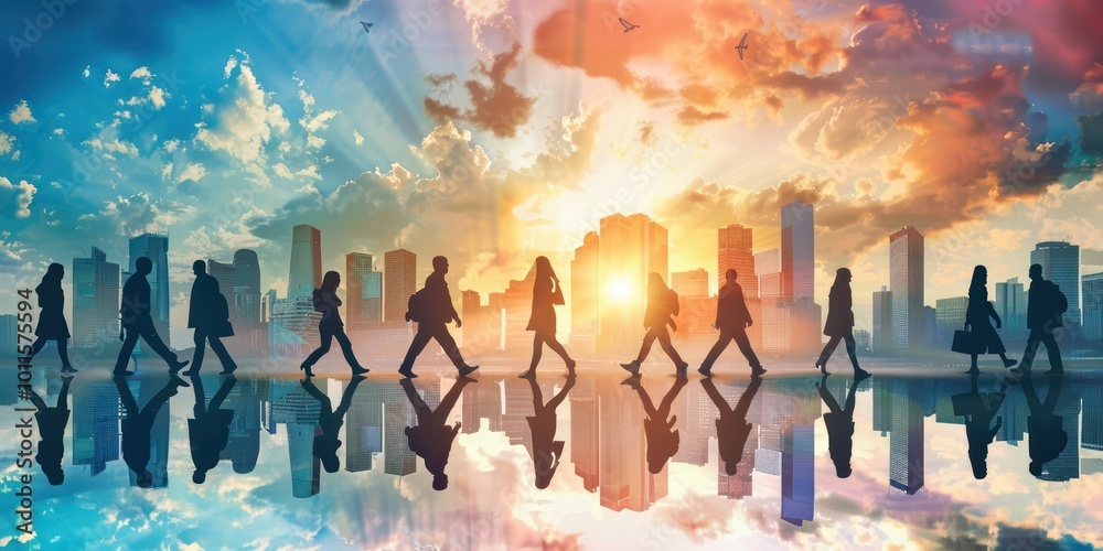 A leadership background showing a city skyline with business leaders walking towards success