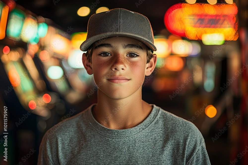 Portrait of a Young Boy with Freckles, Wearing a Gray Baseball Cap and T-shirt, Against a Blurred Background of Bright Lights. Portrait of a Young Boy with Freckles, Wearing a Gray Baseball Cap and T-shirt, Against a Blurred Background of Bright Lights.