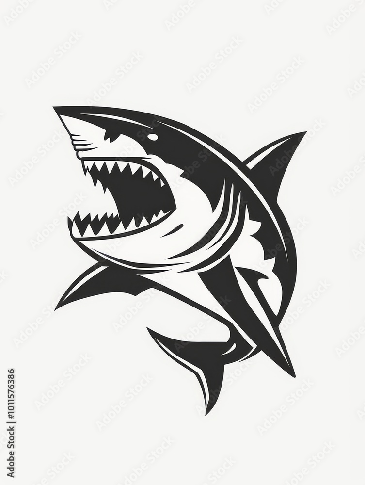 A Striking Illustration of a Fierce Shark With Open Jaws and Sharp Teeth Created in Black and White A Striking Illustration of a Fierce Shark With Open Jaws and Sharp Teeth Created in Black and White