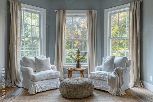 Bright living room in light blue and white featuring three large bay windows, two chairs, an ottoman, a small side table, and curtains, with wood floors and natural lighting.