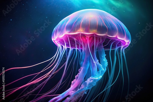 Bioluminescent jellyfish underwater reflecting neon lights