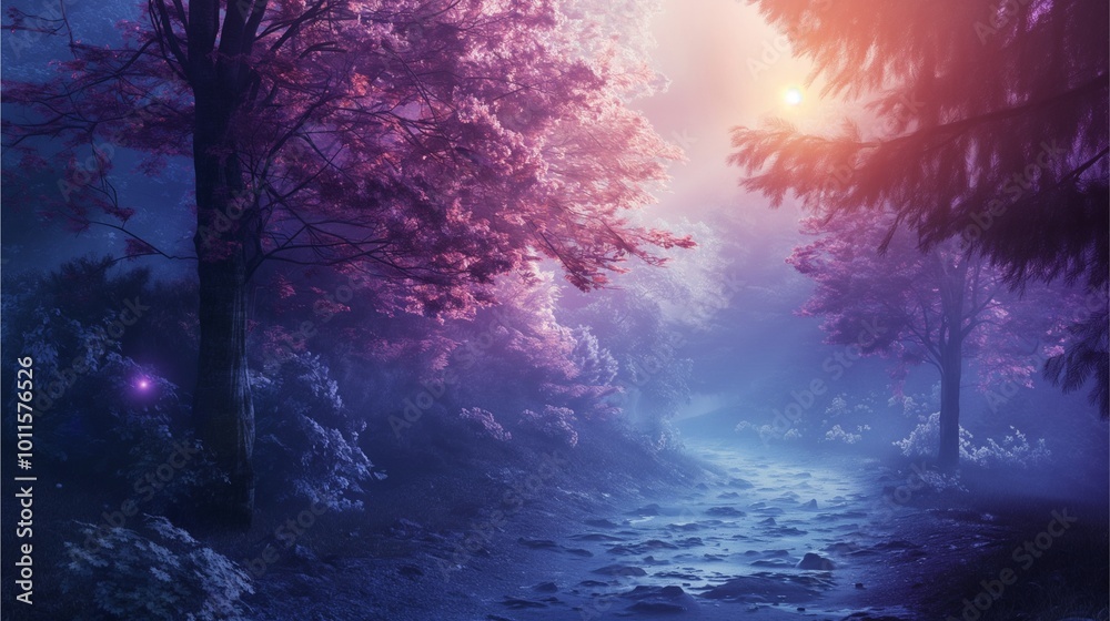 A mystical forest pathway drenched in twilight hues of purple and blue, illuminated by the soft, dreamy glow of a setting sun, invites exploration and tranquility. A mystical forest pathway drenched in twilight hues of purple and blue, illuminated by the soft, dreamy glow of a setting sun, invites exploration and tranquility.