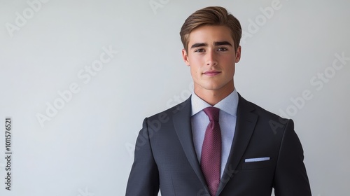 A young man in a formal suit poses confidently against a neutral background, showcasing professionalism and style.