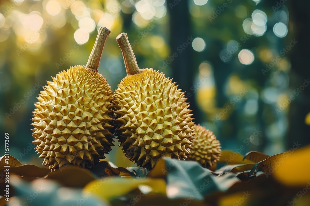 Durian Fruits Nestled Among Leaves in a Lush Forest During Golden Hour Durian Fruits Nestled Among Leaves in a Lush Forest During Golden Hour