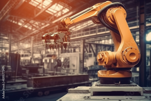 Yellow robotic arm working on a factory floor