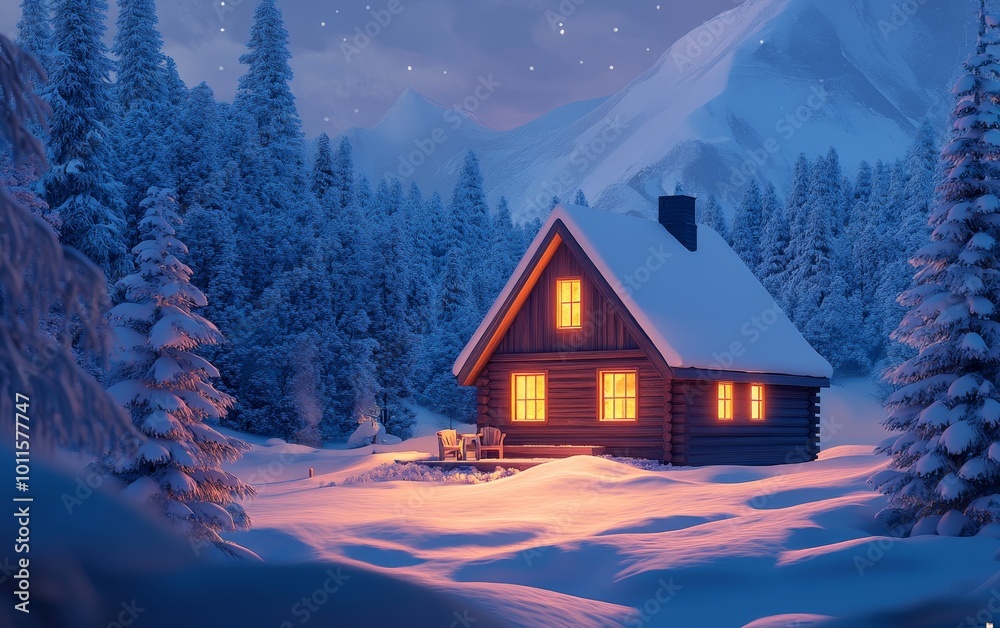 A cozy cabin nestled in a snowy landscape, illuminated by warm lights under a starry sky. A cozy cabin nestled in a snowy landscape, illuminated by warm lights under a starry sky.