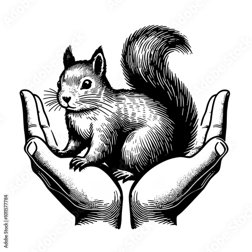 Human hands holding a squirrel, black and white PNG for wildlife protection designs