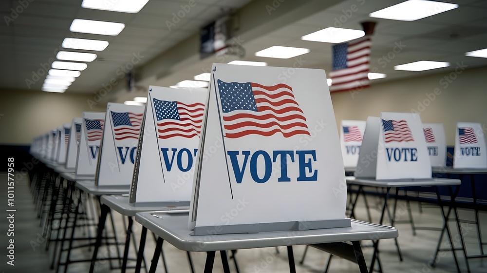Obraz premium US election row of voting booths at polling stations during the American election. USA election 2024, presidential elections 2024 US