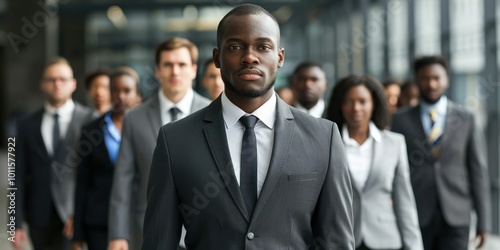 Black leadership concept depicted by a strong, charismatic leader guiding a diverse group of professionals