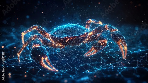 A vibrant digital crab composed of glowing lines and blue sparks, set against a dark background, representing technology and nature's fusion in a striking visual.