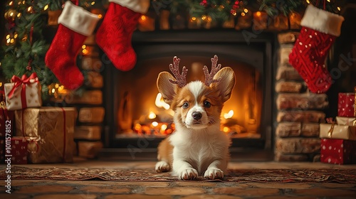 cute pet Xmas New Year background with copy space Festive dog with reindeer antlers and stockings photo