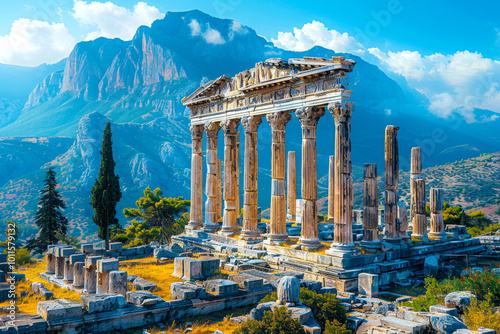 Ancient ruins set against a stunning mountain backdrop.
