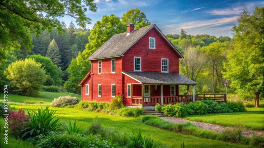 A vibrant red farmhouse stands proudly amidst lush greenery, bathed in the warm glow of a sun-drenched summer day. A vibrant red farmhouse stands proudly amidst lush greenery, bathed in the warm glow of a sun-drenched summer day.