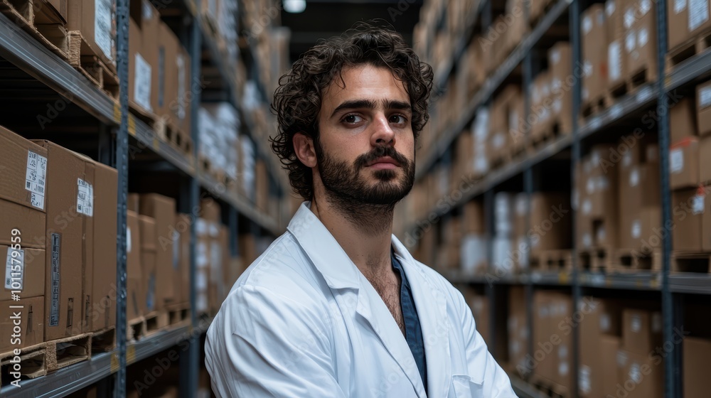 Inventory Inspection in Warehouse: Male in Lab Coat Examining Labeled Boxes on Shelf in Storage Facility Inventory Inspection in Warehouse: Male in Lab Coat Examining Labeled Boxes on Shelf in Storage Facility