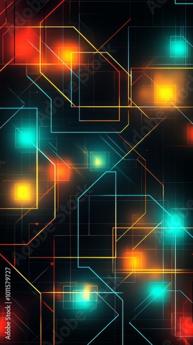 Abstract Digital Art Featuring Colorful Glowing Squares and Lines in a Dark Background