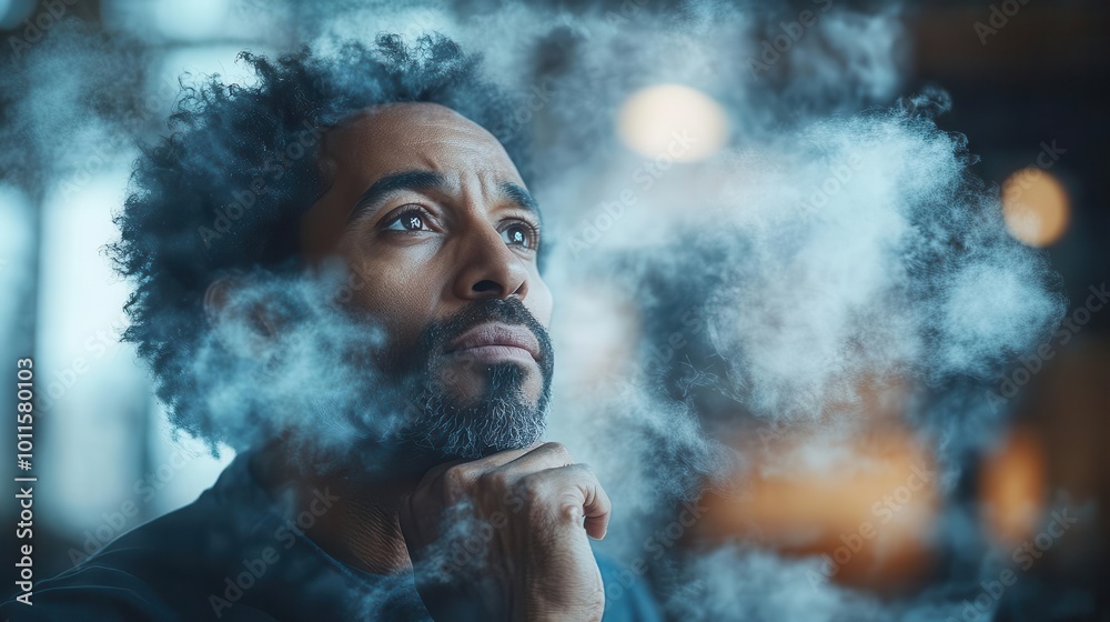 businessman deep in thought looking contemplative as he seeks clarity amidst complex challenges surrounded by a haze of ideas visualized as floating brainstorming clouds in a bright office